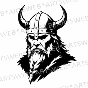Könnte beinhalten: Eine schwarz-weiße grafische Illustration eines Wikingerkriegers, der einen gehörnten Helm mit sichtbaren Nieten trägt. Die Figur hat einen langen, dichten Bart mit einem geflochtenen Teil am unteren Ende. Der Text ARTSWEB* wiederholt sich im Bild.