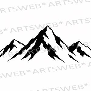 May include: A black and white graphic illustration of a mountain range featuring three distinct peaks with sharp, jagged edges and high-contrast shadows. The design is set against a plain white background with the repeating text ARTSWEB*.