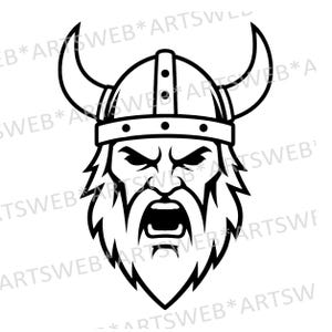 Könnte beinhalten: Eine schwarz-weiße grafische Illustration eines Wikingerkopfes mit gehörntem Helm. Der Wikinger hat einen dichten Bart, einen Schnurrbart und einen intensiven, schreienden Gesichtsausdruck. Der Text ARTSWEB ist als Wasserzeichen wiederholt.