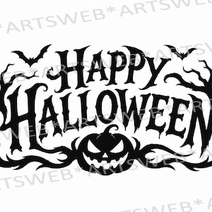 May include: A black graphic design featuring the text HAPPY HALLOWEEN in a stylized, jagged font. The design is framed by silhouettes of bare, twisted tree branches and small flying bats, with a grinning jack-o'-lantern centered at the bottom.