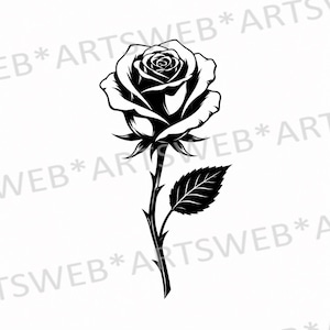 Op de afbeelding: Een zwart-witte grafische illustratie van een enkele roos met een gedetailleerde bloem, een steel met scherpe doornen en één opvallend blad. Het ontwerp is gecentreerd en bevat de herhalende tekst ARTSWEB* op de achtergrond.