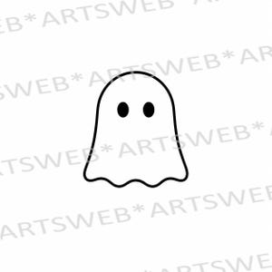 Op de afbeelding: Een eenvoudige zwart-wit lijntekening van een spookfiguur. Het spook heeft een afgeronde bovenkant, een golvende onderrand en twee effen zwarte ovale ogen. De achtergrond bevat een herhalende watermerktekst die ARTSWEB* leest in lichtgrijs.