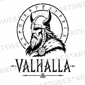 Pode incluir: Uma ilustração gráfica a preto e branco com o perfil de um guerreiro viking barbudo com um capacete com chifres, inserido numa moldura circular de runas. Abaixo da figura, o texto VALHALLA é exibido com um pequeno símbolo triangular.