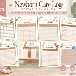 Peut inclure: Un ensemble de huit modèles imprimables de suivi des soins pour nouveau-nés, utilisant une palette de couleurs beige, marron et vert sauge. Les pages incluent des suivis pour l'alimentation, le temps sur le ventre, le sommeil, les étapes et les rendez-vous.