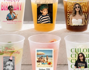 Gepersonaliseerde vintage fotobekers, gepersonaliseerde bekers met kinderfoto's voor feestjes, verjaardagsbekers met foto, decoraties voor mijlpaalverjaardagen, matglazen bekers