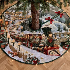 May include: A circular Christmas tree skirt featuring a detailed winter scene with a steam locomotive traveling through a snowy village. The design includes evergreen trees, stone bridges, and red bows, with a central opening for the tree trunk.
