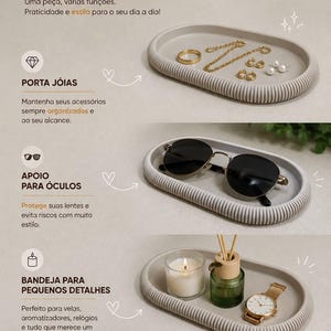 Pode incluir: Uma bandeja oval cinza-clara com bordas caneladas, exibida em três usos: com joias douradas, óculos de sol pretos, e uma vela com difusor e relógio. O texto inclui MUITO MAIS QUE UM porta chaves, PORTA JÓIAS, APOIO PARA ÓCULOS e BANDEJA PARA PEQUENOS DETALHES.
