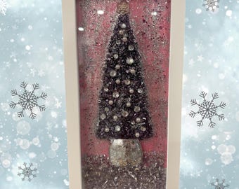 Purple Crushed Glass Christmas Tree Wall Art, Framed Holiday Décor, Pink and Silver Sparkle Tree, Handmade Christmas Gift