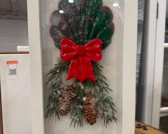 Handmade Christmas Wreath Wall Art, Framed Holiday Decor with Red Bow and Pinecones, Winter Evergreen Shadowbox Gift.