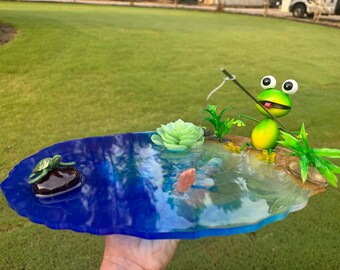 Handmade Resin Frog Pond Decor, Miniature Fairy Garden Tray, Cute Frog and Turtle Resin Art, Blue Water Table Decor