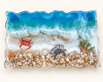 Ocean Resin Serving Tray with Crabs, Shell Feet, Coastal Beach Decor