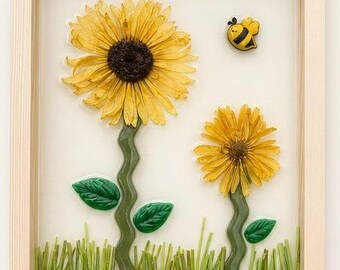 Sunflower Buzz Crushed Glass Floral Framed