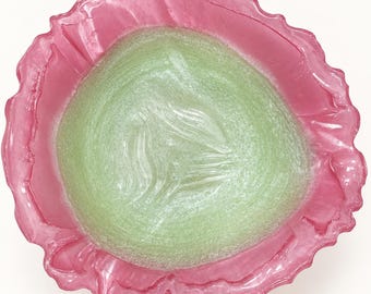 Pink Resin Bowl, 12 Inch Ruffled Decorative Centerpiece, Sage Green Handmade Catchall