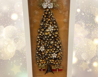 Handmade Gold Crushed Glass Christmas Tree Art, Framed Holiday Décor (Shadowbox)