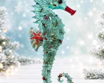 Handmade Resin Seahorse Christmas Wall Art, Coastal Holiday Décor, Aqua Sea Horse with Mini Lights, Beach House Christmas Gift