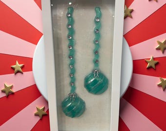 Teal Christmas Ornament Wall Art, Framed Holiday Shadowbox Décor, Handmade Aqua Ornament Artwork, Unique Christmas Gift.