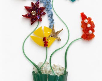 Crushed Glass Flower Garden Wall Art, Upcycled Jewelry, Colorful 3d Floral Home Decor
