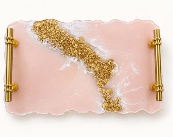 Blush Pink Resin Serving Tray with Gold Handles, Gold Leaf Vanity Decor