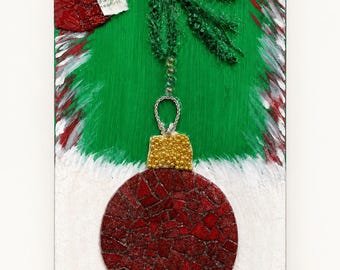 Handmade Christmas Ornament Wall Art, 15x30 Green Red Holiday Resin Canvas Decor