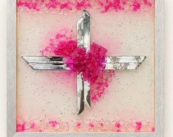 Pink Heart Cross Crushed Glass Resin Art- 10x10 Framed Wall Decor