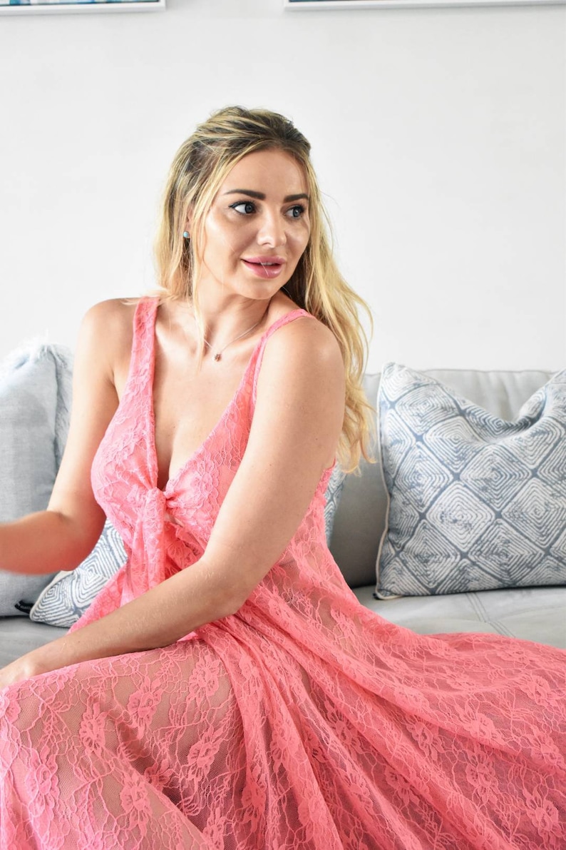 Pink Lace Dress with Front Tie Boudoir Lace Robe Photoshoot Etsy