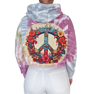Tie Dye Crop Hoodie: Long Sleeve Peace Flower Art