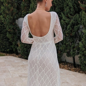 Stretch Lace Wedding Dress with Scoop Neckline and Low Scoop Back. A line Wedding Dress long sleeve