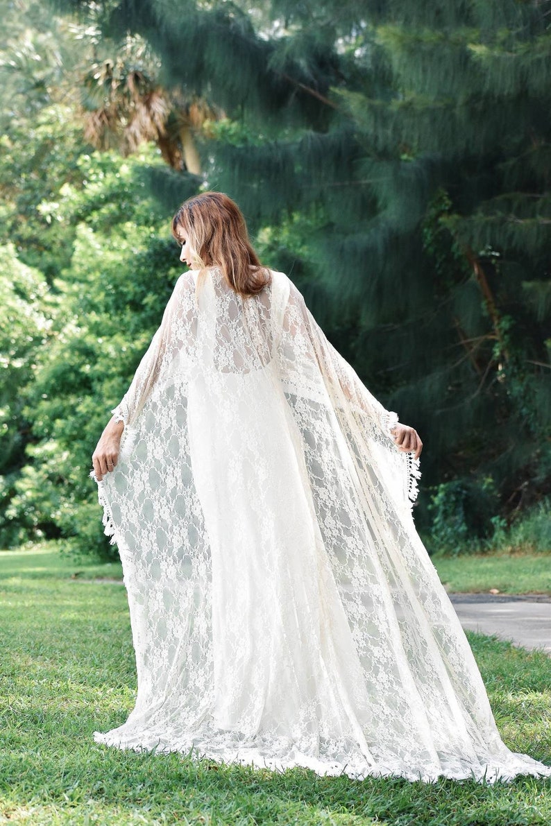 White Lace Wedding Cape, Long Lace Bridal Cape with Fringe Trim, Long Boho Style Poncho, White Bolero, White Lace Long Wedding Cape image 10