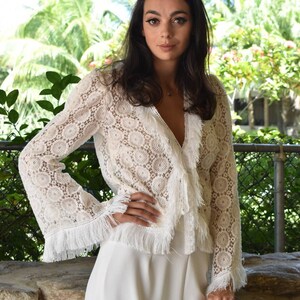 White Cotton Lace Top with Long Sleeves and Fringe Trim, Bohemian Long Sleeve Top, Vintage Style White Lace Top, White Lace Bolero Cover Up image 10