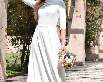 Minimalist Wedding Dress with Quarter Sleeve and High Neckline, Modest A Line Wedding Dress, Simple Wedding Dress in Crepe Knit Fabric