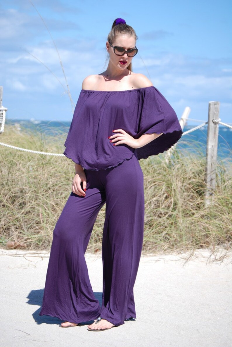 purple bell bottom jumpsuit