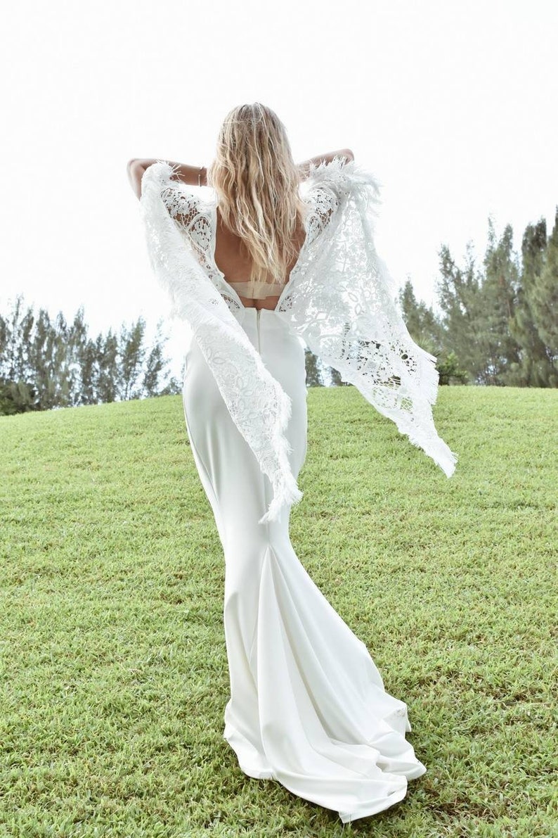 Vestido de novia boho con encaje bordado, vestido de novia estilo boho, vestido de novia sirena, vestido de encaje blanco simple, vestido de novia de playa imagen 5