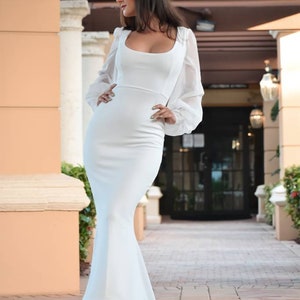 Square Neck Minimalist Wedding Dress Long Sleeves Minimalist Wedding Dress, Simple Mermaid Wedding Dress, Long Sleeve Modest Wedding image 6