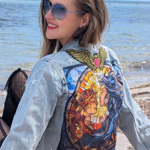 Long Sleeve Denim Jacket with Sun & Moon Artwork