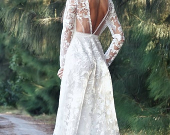 Long Sleeve Bohemian Wedding Dress with V Neckline, A Line Wedding Dress, Boho Wedding Gown with Embroidered Lace, Lace Boho Dress