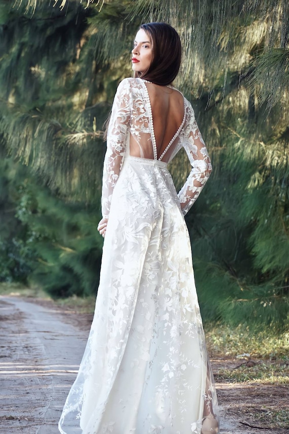 Vestido de novia Boho de manga larga con escote en V, vestido de novia de  línea A, vestido de novia boho con encaje bordado, vestido boho de encaje -   México