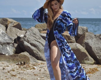 Silky Chiffon Robe with Long Sleeves perfect as a Swimsuit Cover, Elegant Robe, Kimono Style Cover up with Blue print