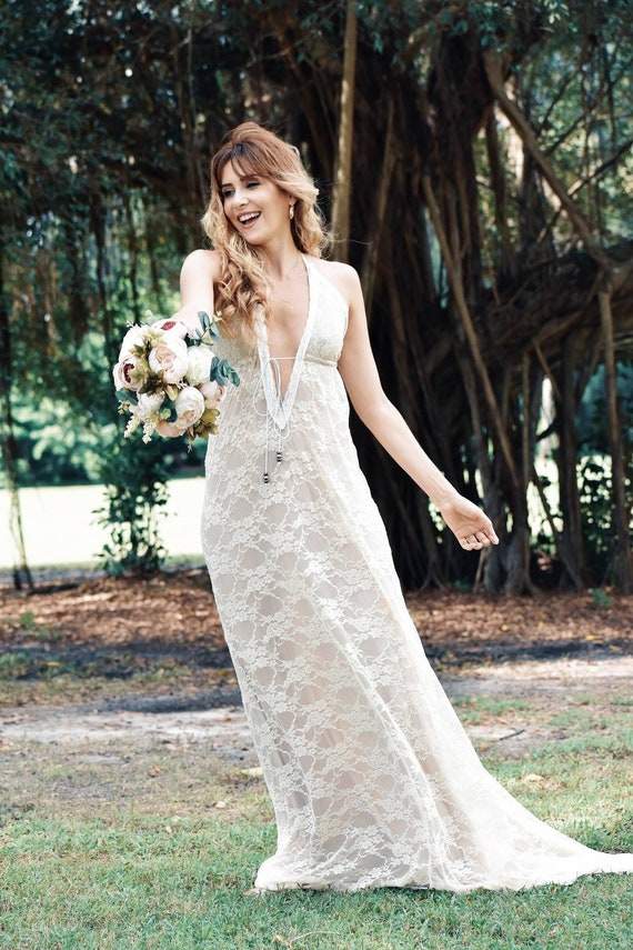 Boho Wedding Dress White Lace Halter Dress With Embroidered V - Etsy