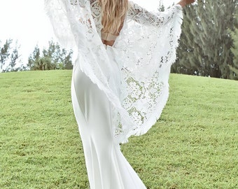 Bohemian Wedding Dress with Embroidered Lace, Boho Style Wedding Dress, Mermaid Wedding Dress, Simple White Lace Dress,  Beach Wedding Dress