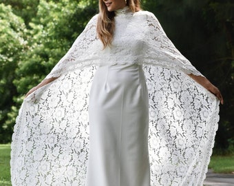 White Lace Wedding Cape, Long Lace Bridal Cape with Fringe Trim, Long Boho Style Poncho, White Bolero, White Lace Long Wedding Cape