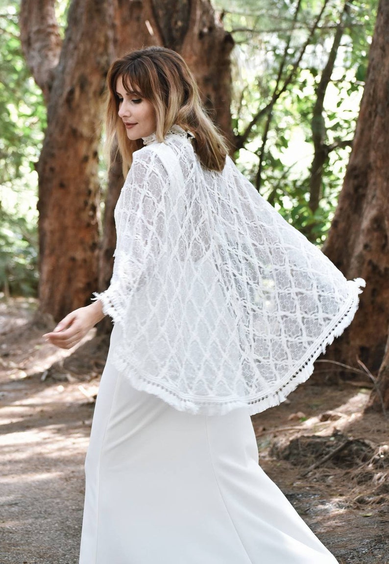 White Lace Wedding Cape, Lace Bridal Cape with Fringe Trim, Wedding Shawl, Boho Style Poncho, Bridal Cover Up, White Bolero, Bridal Cape image 2