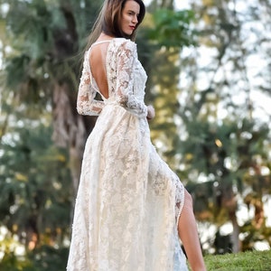 Long Sleeve Bohemian Wedding Dress with V Neckline, A Line Wedding Dress, Boho Wedding Gown with 3D Flower Embroidered Lace, Lace Boho Dress