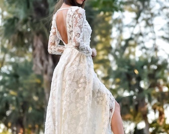 Long Sleeve Bohemian Wedding Dress with V Neckline, A Line Wedding Dress, Boho Wedding Gown with 3D Flower Embroidered Lace, Lace Boho Dress