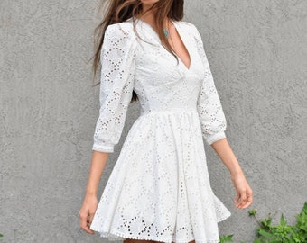 White Cotton Loretta Dress with short sleeves, Eyelet Cotton Retro Dress, Bohemian Cotton Dress, Vintage Style White Dress, Prairie Gown