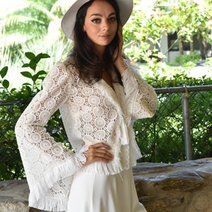 White Cotton Lace Top with Long Sleeves and Fringe Trim, Bohemian Long Sleeve Top, Vintage Style White Lace Top, White Lace Bolero Cover Up image 9