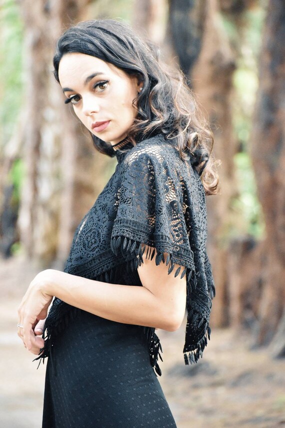 Black Lace Wedding Cape With Lace Fringe Lace Bridal Cape With Fringe Trim Wedding Shawl With Black Lace and Fringe Etsy UK