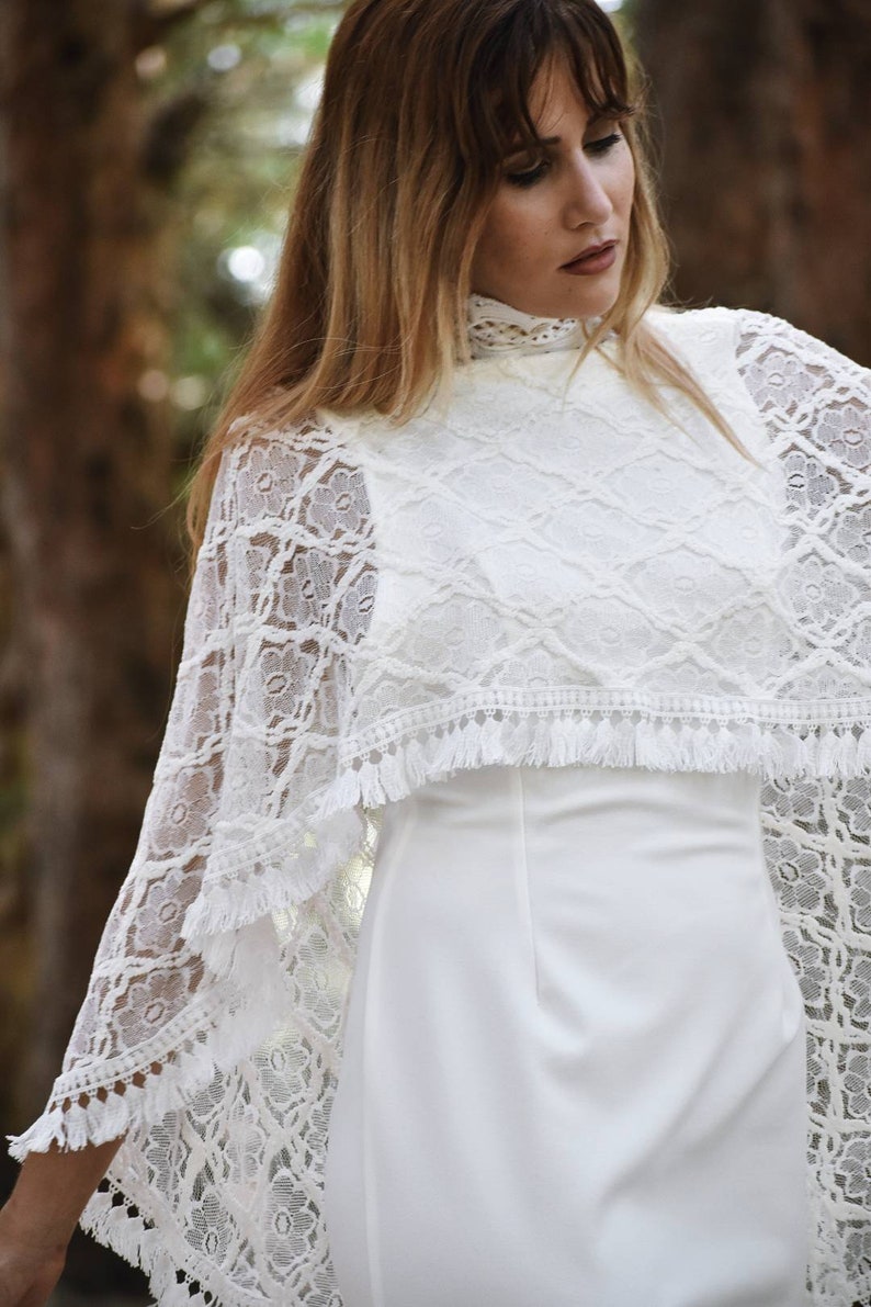 White Lace Wedding Cape, Lace Bridal Cape with Fringe Trim, Wedding Shawl, Boho Style Poncho, Bridal Cover Up, White Bolero, Bridal Cape image 7