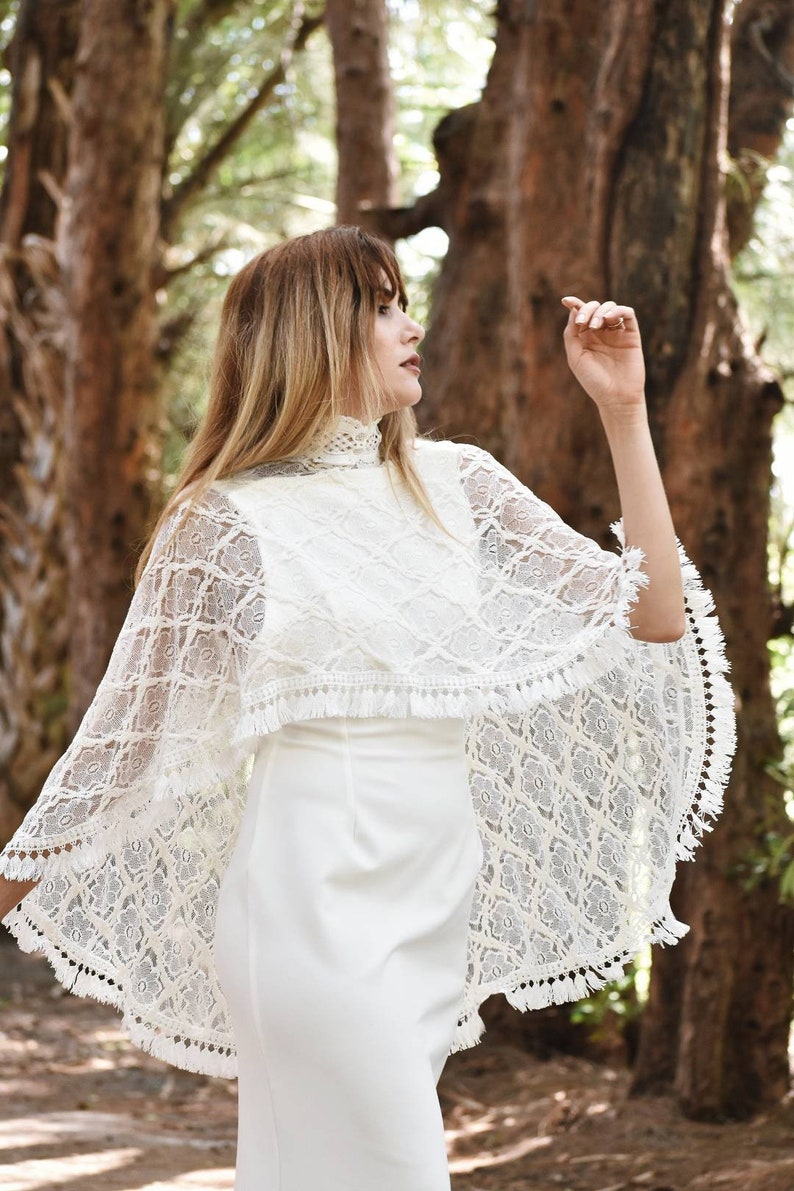 White Lace Wedding Cape, Lace Bridal Cape with Fringe Trim, Wedding Shawl, Boho Style Poncho, Bridal Cover Up, White Bolero, Bridal Cape image 1