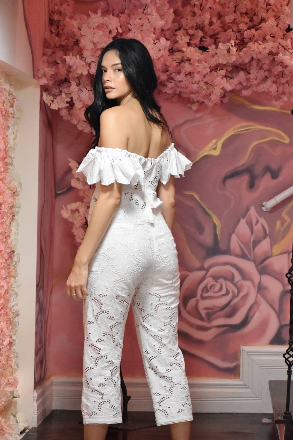 2 Piece White Cotton Set, Eyelet Cotton Retro Style Set