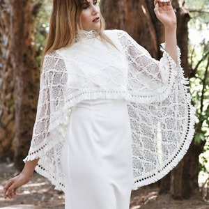 White Lace Wedding Cape, Lace Bridal Cape with Fringe Trim, Wedding Shawl, Boho Style Poncho, Bridal Cover Up, White Bolero, Bridal Cape image 9